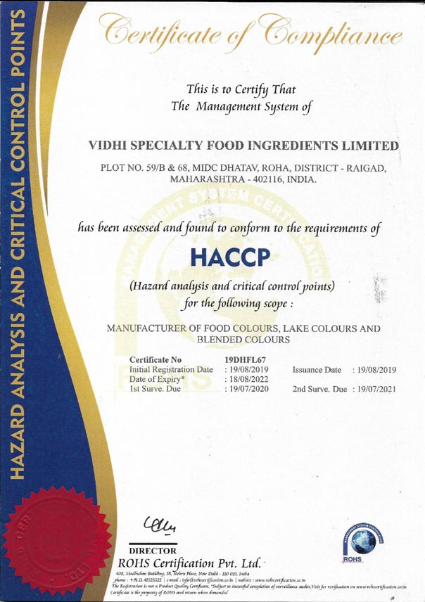 VIDHI SPECIALTY FOOD INGREDIENTS LIMITED HACCP